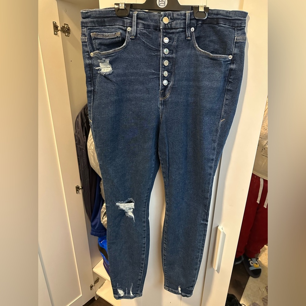 Good American High Rise Button-Fly Distressed Dark Blue Jeans